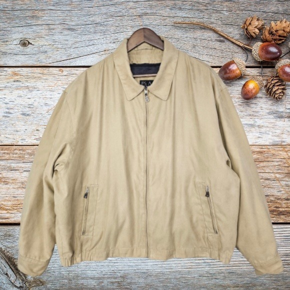 Jos. A. Bank Faux Suede Bomber Jacket Men's XL Tan Zip Front Plaid Zip-Out Liner